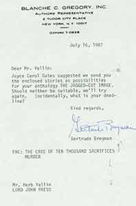 TLS on monogrammed stationery from authors' representative Gertrude Bregman to to Herb Yellin of ...