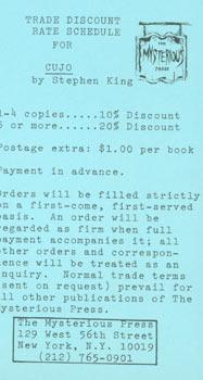 Image du vendeur pour Trade Discount Rate Schedule Card for Cujo by Stephen King, Signed Limited Edition. mis en vente par Wittenborn Art Books