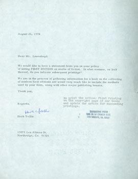 Typed reply from Shelly Lowenkopf (Sherbourne Press) to Herb Yellin, on TLS Yellin sent to Lowenk...