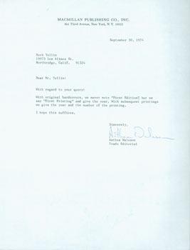 TLS from Anthie Waleson (Macmillan Publishing) to Herb Yellin. September 30, 1974. RE: first edit...