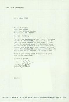 TLS George E. Diskant to Herb Yellin, dated October 16, 1985. RE: John D. MacDonald.