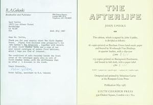 Bild des Verkufers fr TLS from Peter Selley (R.A. Gekoski) to Herb Yellin, Lord John Press, July 18, 1987 & prospectus for John Updike's The Afterlife. RE: John Updike. zum Verkauf von Wittenborn Art Books