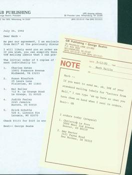 Immagine del venditore per Typed Letter & Memo George Beahm (author of The Stephen King Companion) to Herb Yellin, July 26, 1992 & May 13, 1993. venduto da Wittenborn Art Books