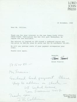 TLS Bruce Francis (Lord John Press) to J. R. Collins, November 14, 1980, with hand-written reply ...