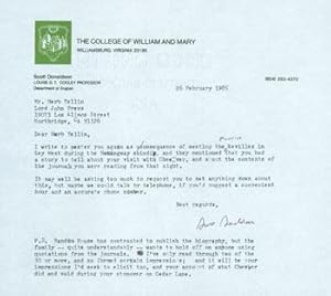 TLS Scott Donaldson (College of William and Mary) to Herb Yellin, Lord John Press. February 26, 1...