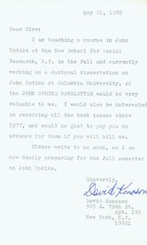 TLS David Konoson to Herb Yellin, May 21, 1988, RE: Updike.