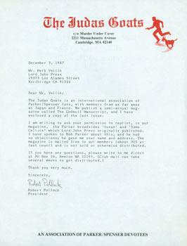 TLS Robert Pollock (The Judas Goats) to Herb Yellin, December 3, 1987.