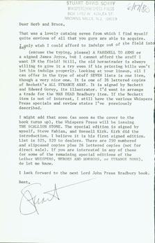 TLS Stuart David Schiff (Whispers Press) to Herb Yellin & Bruce of Lord John Press. June 17, 1980...