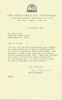 Typed letter, signed, Edwin Kennebeck (Viking Press) to Herb Yellin. October 16, 1974. RE: first ...
