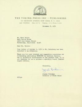 Typed letter, signed, Joseph Friedman (Viking Press) to Herb Yellin. November 8, 1974. RE: Lawren...