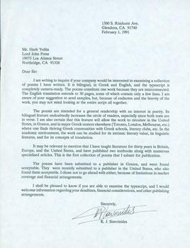 Printed letter, signed, K. J. Stavrinides to Herb Yellin. February 1, 1991. RE: Book Pitch.