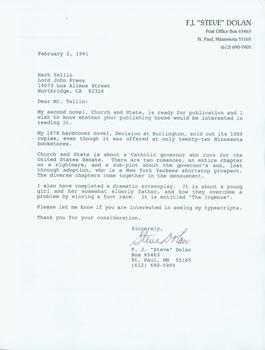 Printed letter, signed, F. J. "Steve" Dolan to Herb Yellin. February 2, 1991. RE: Book Pitch.
