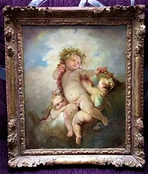 OLEO ORIGINAL ATRIBUIDO A JEAN-HONORE FRAGONARD SIGLO XVIII, 3 CUPIDOS CON GUIRNALDAS