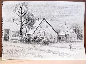 Schwarz-weiße Zeichnung von Häusern im Winter in Mischtechnik ( Tusche, Filzstift, Bleistift ), l...
