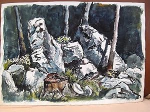 Farbige Aquarellzeichnung von Steinen im Wald. Bildmaß ca. 41 x 58 cm, Blattmaß ca. 42 x 60 cm ( ...