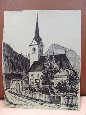 Bild des Verkufers fr Schwarz-weie Faserstiftzeichnung einer Kirche und Huser in den Bergen. Mit *Kohlhoff (19)62 * links unten signiert und datiert. zum Verkauf von Antiquariat Friederichsen
