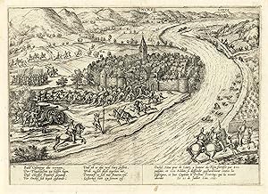 Bild des Verkufers fr Gesamtansicht mit der Belagerung durch Truchsessische Truppen im Jahre 1583; im Hintergrund Linz am Rhein ('Onckel - Lints - 2'). zum Verkauf von Antiquariat Norbert Haas