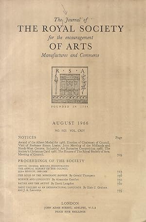 JOURNAL (THE) of the Royal Society for encouragement of arts manufactures and commerce. August 19...