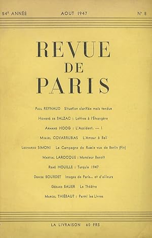REVUE de Paris. 54e année. Aout 1947. N. 8.