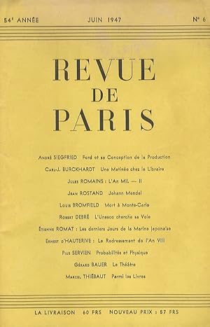 REVUE de Paris. 54e année. Juin 1947. N. 6.