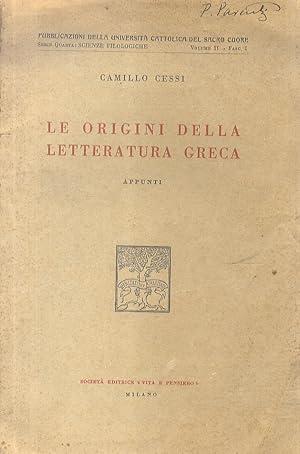 Immagine del venditore per Le origini della letteratura greca. Appunti. venduto da Libreria Oreste Gozzini snc