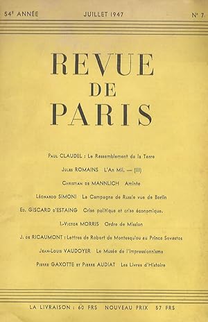 REVUE de Paris. 54e année. Juin 1947. N. 7.