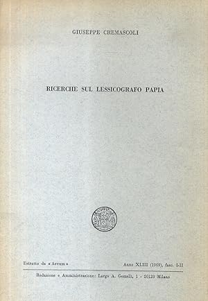 Bild des Verkufers fr Ricerche sul lessicografo Papia. zum Verkauf von Libreria Oreste Gozzini snc