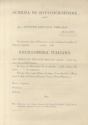 Scheda di sottoscrizione per l'abbonamento all'Enciclopedia Italiana edita dall'Istituto Giovanni...