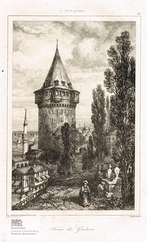 Imagen del vendedor de Tour de Galata. View of the tower of Galata in Constantinople. Etching by Lemaitre 1840 a la venta por historicArt Antiquariat & Kunsthandlung