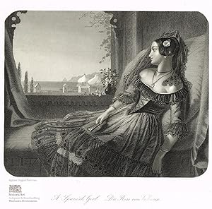 Bild des Verkufers fr A Spanish Girl. Die Rose von Valencia. Spanische Schnheit mit Fcher mit Blick auf Valencia. Stahlstich von Payne nach Hicks um 1850 zum Verkauf von historicArt Antiquariat & Kunsthandlung