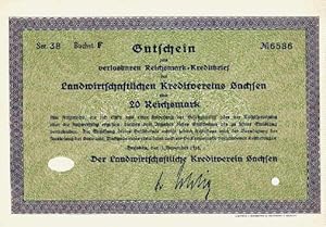 Imagen del vendedor de Gutschein zum verlosbaren Reichsmark-Kreditbrief des Landwirtschaftlichen Kreditvereins Sachsen ber 20 Reichsmark. a la venta por Antiquariat Heinz Tessin