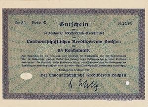 Bild des Verkufers fr Gutschein zum verlosbaren Reichsmark-Kreditbrief des Landwirtschaftlichen Kreditvereins Sachsen ber 85 Reichsmark. zum Verkauf von Antiquariat Heinz Tessin
