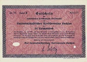 Image du vendeur pour Gutschein zum verlosbaren Reichsmark-Kreditbrief des Landwirtschaftlichen Kreditvereins Sachsen ber 30 Reichsmark. mis en vente par Antiquariat Heinz Tessin