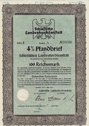4% Pfandbrief der Schlesischen Landeskreditanstalt über 100 Reichsmark.