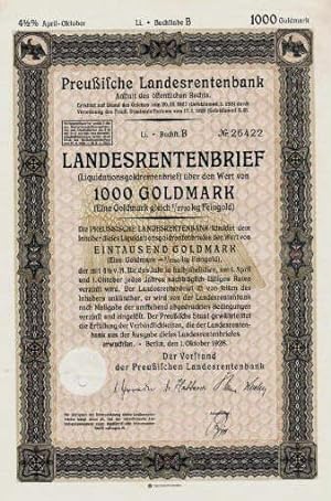 Bild des Verkufers fr Landesrentenbrief (Liquidationsgoldrentenbrief) ber den Wert von 1000 Goldmark. zum Verkauf von Antiquariat Heinz Tessin