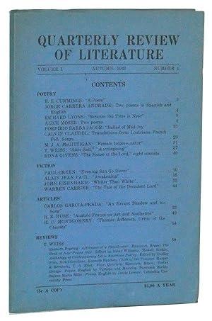 Immagine del venditore per Quarterly Review of Literature, Volume I, Number 1 (Autumn, 1943) venduto da Cat's Cradle Books