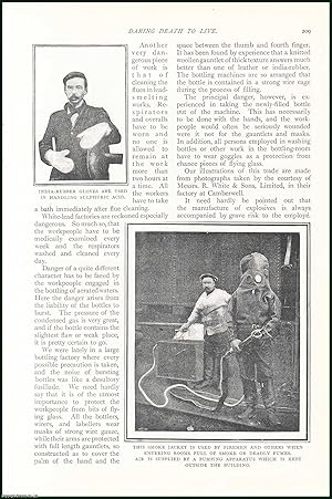 Image du vendeur pour India Rubber Gloves Are Used In Handling Sulphuric Acid ; The Smoke Jacket Is Used By Firemen & Others When Entering Rooms Full of Smoke ; The Rope Screen Used For Protection While Pressing The Explosive Gun-Cotton At The Cordite Works & more : Daring Death to Live. The Most Dangerous Trades in The World. An uncommon original article from the Harmsworth London Magazine, 1901. mis en vente par Cosmo Books