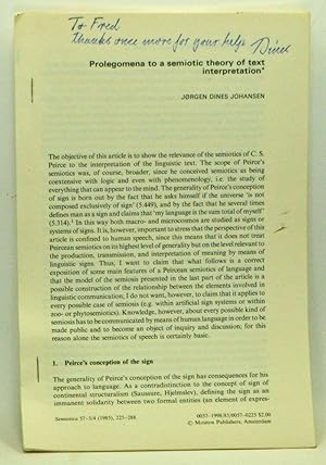 Seller image for Prolegomena to a semiotic theory of text interpretation. Offset article originally published in Semiotica 57:3/4 (1985), 225-288 for sale by Cat's Cradle Books