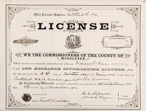 TAVERN LICENSE - ISSUED BY THE COMMISSIONERS OF MIDDLESEX COUNTY "TO SELL AND EXCHANGE INTOXICATI...