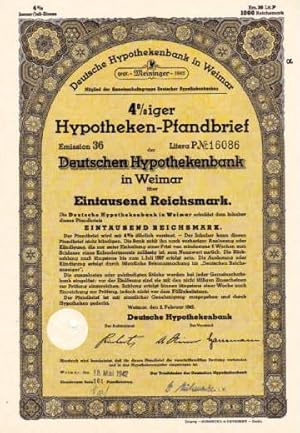 4 %iger Hypotheken-Pfandbrief der Deutschen Hypothekenbank in Weimar über Eintausend Reichsmark.