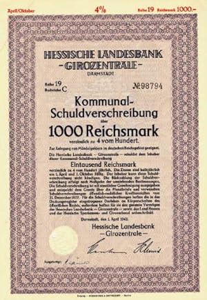 Kommunal-Schuldverschreibung über 1000 Reichmark verzinslich zu 4 vom Hundert.