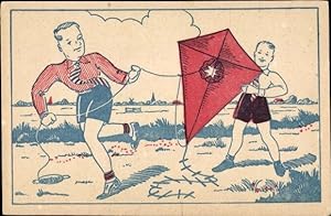 Künstler Ansichtskarte / Postkarte Zwei Jungen spielen mit einem Flugdrachen