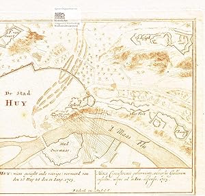 Imagen del vendedor de De Stad Huy. Hoya. Cronstromio gubernante, adversus Gallorum insultus, usque ad Iun. Defensa; Die Stadt Huy mit Festungsanlagen F. van Saart, F. Picart, Casteel und Stad Overmaas an der Maas aus der Vogelschau. Rtel-Kupferstich von und bei Petrus Schenk 1705 a la venta por historicArt Antiquariat & Kunsthandlung