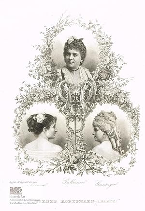 Wiener Koryphäen (1. Blatt), Kronau, Gallmeier, Geistinger. Stahlstich mit drei Porträts in flora...
