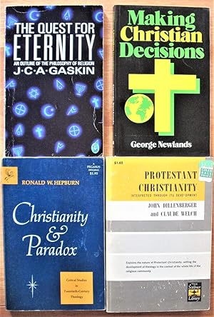 Bild des Verkufers fr Lot of Seven Religion Books: The Meaning of the Death of God, Making Christian Decisions, Seven Theories of Human Nature, Quest for Eternity, Christianity and Paradox, Protestant Christianity, and Understanding Religious Man zum Verkauf von Ken Jackson