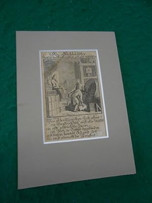 Der Buchhändler. Original- Kupferstich aus dem Jahre 1698. Unter dezentem, grünbraunem Schrägschn...