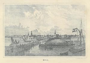 RIGA. Gesamtansicht über die Düna, rechts Floßbrücke und Strusen, auf dem Fluß zahlreiche Schiffe.