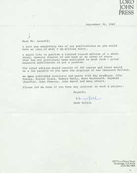 Signed letter from Herb Yellin to novelist Elmore Leonard.