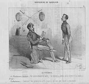 Image du vendeur pour Souvenirs de Garnison, n.3: La Theorie: [Le Lieutenant recitaux: ?Au commendement de halte, les yeux a la couture de la culotte.? mis en vente par Wittenborn Art Books