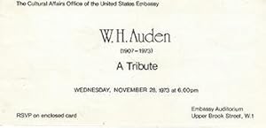 Imagen del vendedor de Invitation to "A Tribute " to W.H. Auden at the American Embassy in London on Nov. 28, 1973. a la venta por Wittenborn Art Books